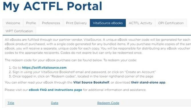 Image of my actfl portal, VitalSource ebooks
